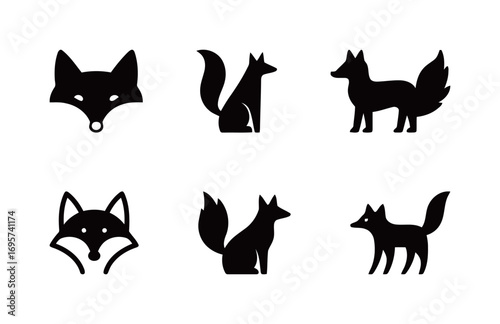 Set of fox icons in various styles, representing animals, wildlife, and nature.