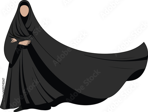 Muslim woman in black abaya flowing dress