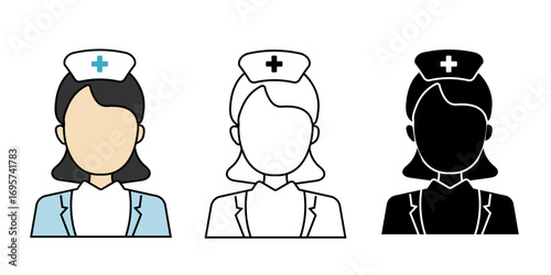 Nurse icons set, female medical staff and healthcare professional symbols for hospital, clinic, education, and pharmaceutical projects vector illustration.