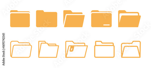 Set of orange folder icons in various styles, for data, organization, and document management.