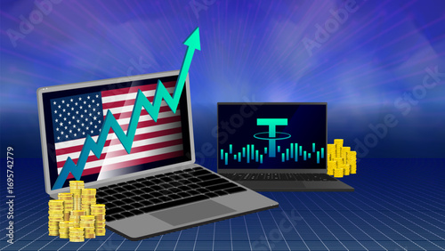 Vector 3d mobile computers. Up arrow. Virtual stable coin. Gold money. Business poster. High technology and economics. Flag of United States of America