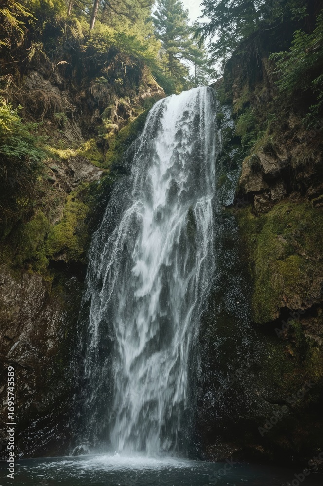 Fototapeta premium A powerful waterfall cascades down a mossy cliff face, surrounded by lush green forest.