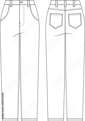 with pockets mid high rise waist straight skinny jean denim pant trouser aatemplate technical drawing flat sketch cad mockup fashion woman design style model 
