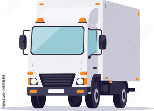 a white delivery truck with orange lights and black wheels