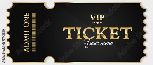 Elegant VIP ticket template with gold accents. Perfect for promoting exclusive events and luxury shows. Fully customizable vector for your designs.