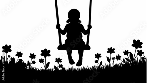 Silhouette of a girl on a swing surrounded by flowers and grass in a garden setting under a white sky