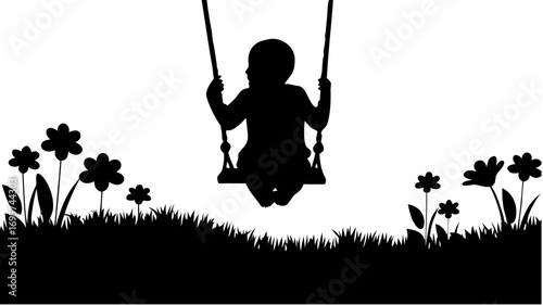 Silhouette of a child on a swing surrounded by grass and flowers in a monochrome black and white image