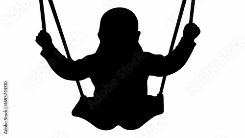 Silhouette of a person on a swing with hands gripping the ropes against a plain white background view from behind