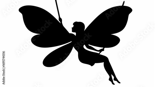 Silhouette of a fairy with large wings sitting on a swing suspended from above in black and white art