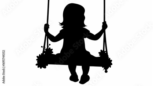 Silhouette of a girl sitting on a swing decorated with flowers hanging from ropes in a simple illustration