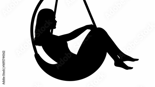 Silhouette of a woman sitting in a swing chair suspended by ropes in a black and white illustration