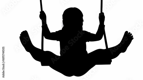 Silhouette of a person on a swing with legs spread wide against a white background in a simple image