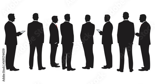 business people standing in line using devices silhouette