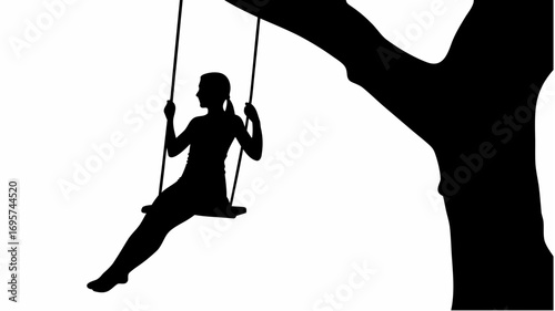 Silhouette of a woman on a swing hanging from a tree branch in a monochrome black and white illustration