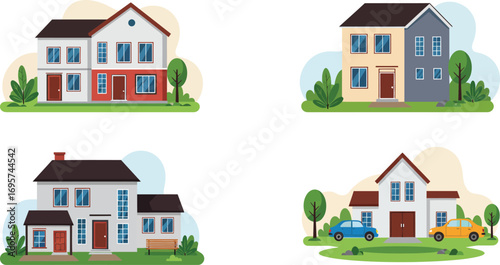various colorful houses with gardens and parked cars