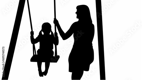 Silhouette of a woman pushing a child on a swing set in an outdoor setting with clear background view