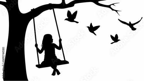 Silhouette of a girl on a swing hanging from a tree with birds flying around in a black and white image