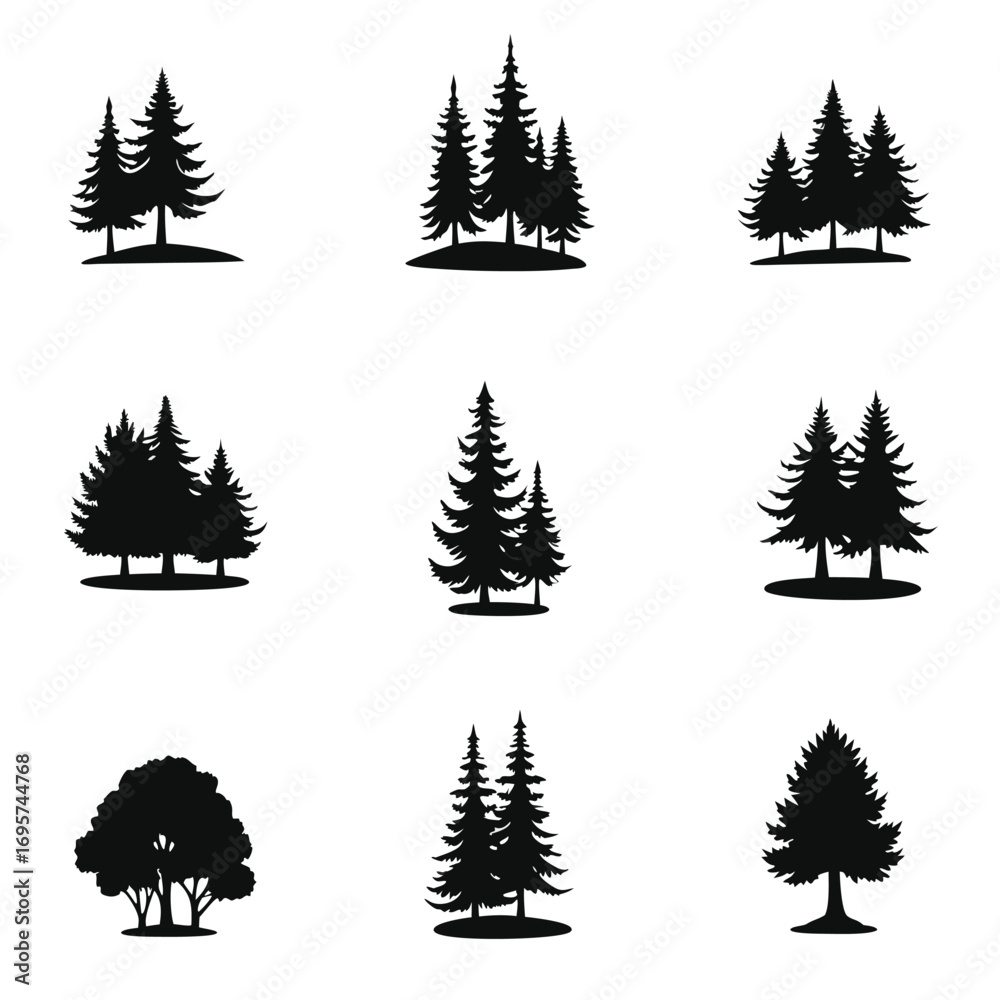 Obraz premium Collection of nine black pine tree silhouettes on white background