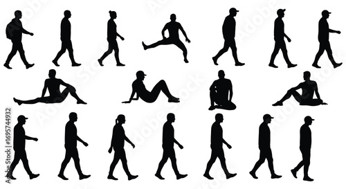 various human figures in diverse poses and actions silhouette