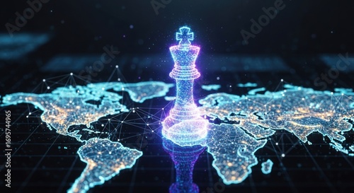 Fototapeta Naklejka Na Ścianę i Meble -  A glowing chess king piece positioned over a digital world map, symbolizing strategy.