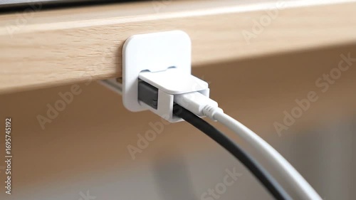 Cables Organized Under Desk with White Clip Close Up