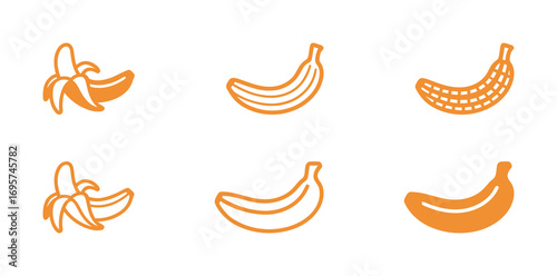 Set of orange banana icons in various styles, representing food, fruit, and healthy snacks.