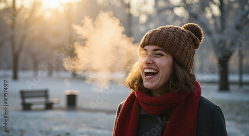 Young woman with a joyful spirit laughing in a winter park during sunrise