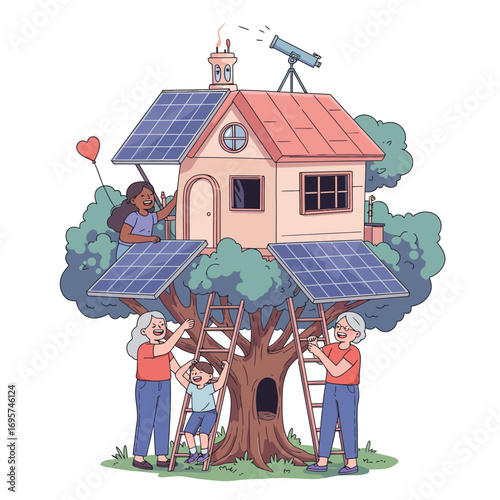 Inspiring Sustainable Futures: Multi-Generational Community Building Solar-Powered Treehouse Vector Illustration
