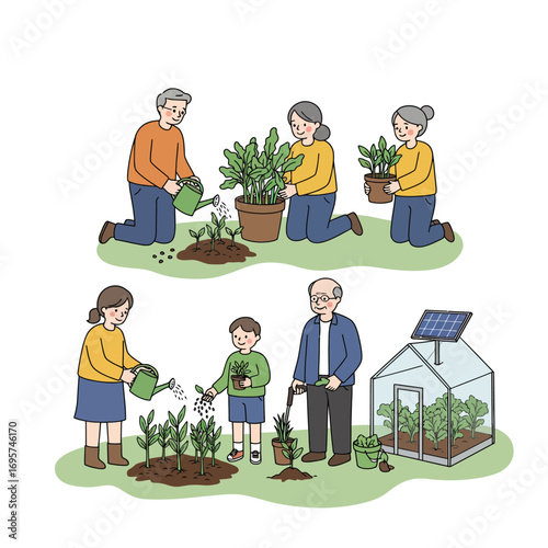 Sustainable Family Gardening Vector Illustration: Promoting Green Living and Intergenerational Connection for a Healthier Future