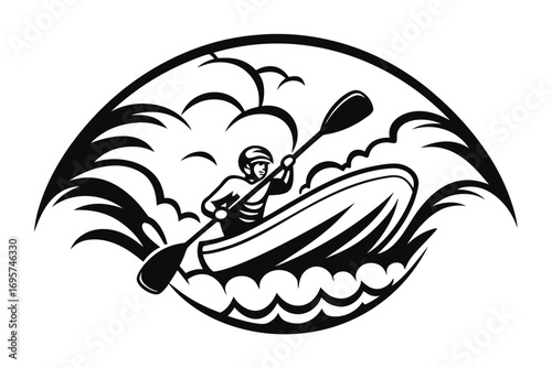 Monochrome Kayaker Paddling Through Waves, Art with White Background