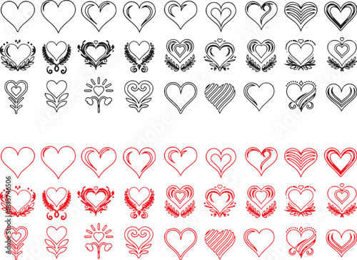 heart, love, symbol, shape, black, red, outline, drawn, sketch, wreath, laurel, leaves, branches, decorative, design, element, graphic, illustration, icons, set, collection, romantic, valentine, celeb