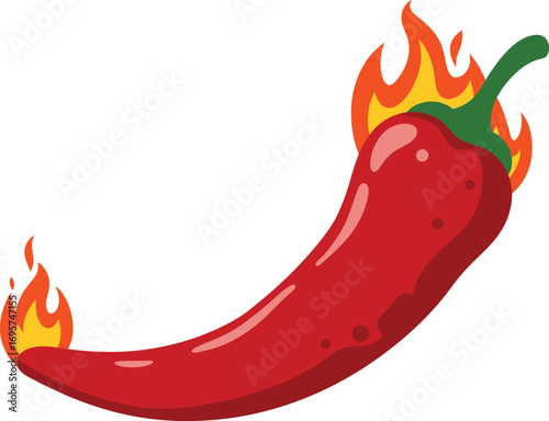a fiery red chili pepper with flames around it