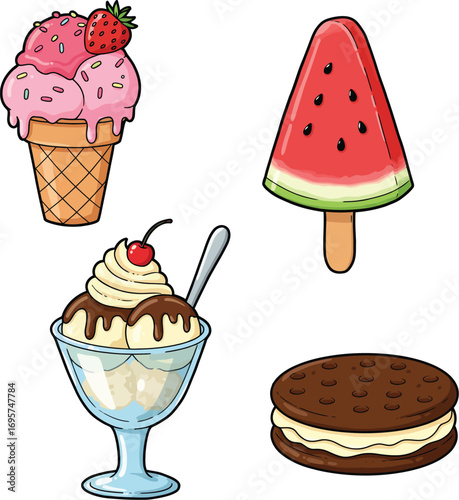 Cute Ice Cream Treats Set: Cone, Popsicle, Sundae, Sandwich illustration