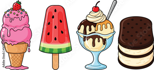 Cute Ice Cream Treats Set: Cone, Popsicle, Sundae, Sandwich illustration