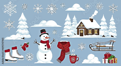 Winter Wonderland Christmas Elements Snowman, Cabin, Snowflakes, and More!