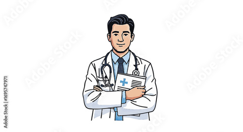 Caring Physician Illustration  Doctor with Clipboard in Healthcare Setting