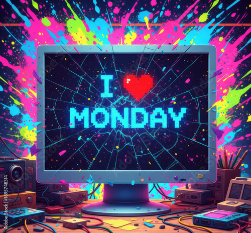 I ❤️ Monday. Digital Dissonance: Focuses on the contrast between the chaotic, cracked screen and the cheerful message.
