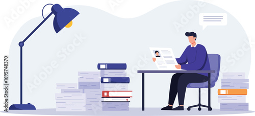 a person working diligently at desk surrounded by stacks of papers