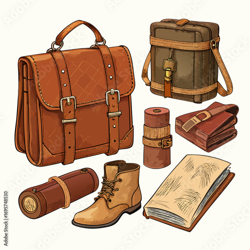 Realistic Executive Leather Goods Vector Set – Briefcase, Wallet, Belt & Accessories
