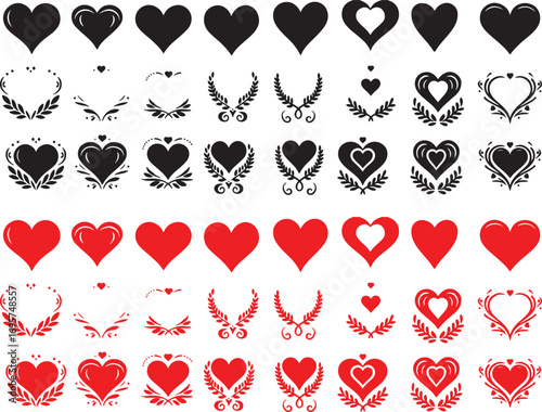 heart, love, symbol, shape, black, red, outline, filled, empty, wreath, laurel, leaves, branches, decorative, design, element, graphic, illustration, icons, set, collection, romantic, valentine, celeb