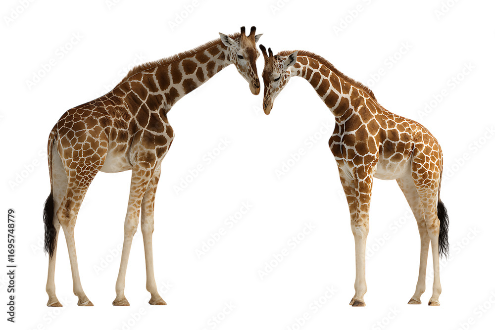 Naklejka premium Two giraffes showing affection, isolated on black.