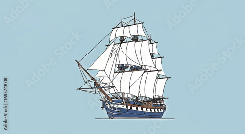 A majestic tall ship with full sails glides across a serene light blue ocean, embodying historical maritime adventure and exploration