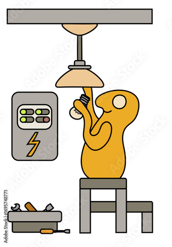 A yellow monster on a stepping stool ladder holding a lightbulb ready to put it into a ceiling lamp, while the fuse box is shown next to him with an electrical line disabled. 