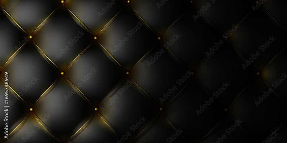 Fototapeta premium Elegant black leather texture with diamond pattern and gold stitching.