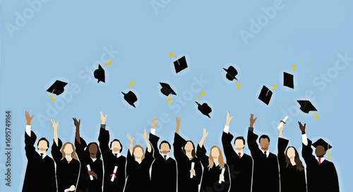 Diverse students celebrating their graduation day, joyfully tossing caps into the air. A powerful symbol of academic success, hard-earned achievement, new beginnings, and a bright future