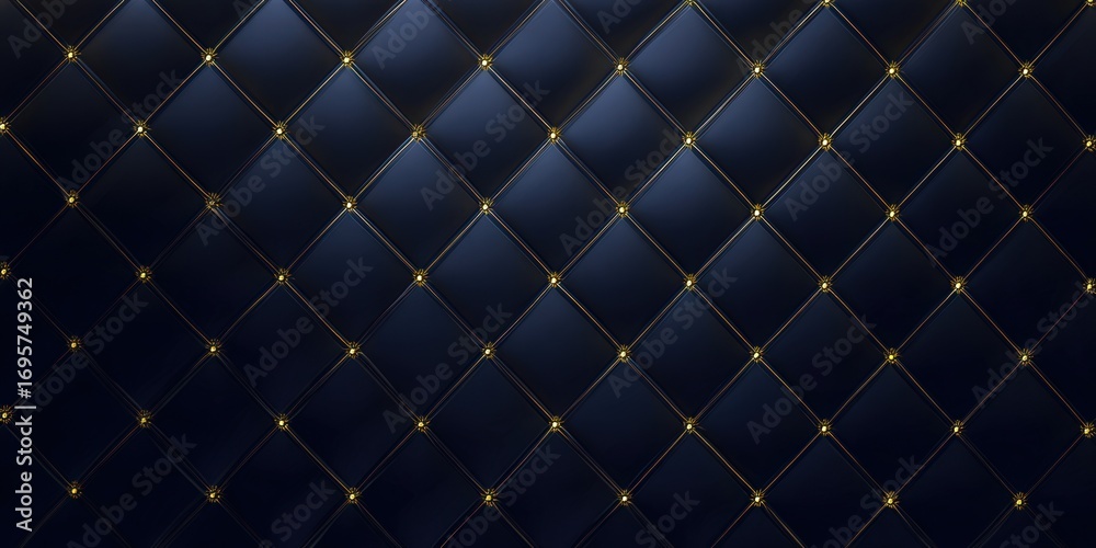 Fototapeta premium A close-up view of a navy blue quilted leather texture with golden accents creates an elegant background.