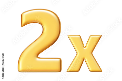 3d golden 2x icon. X2 reward increase metal symbol. Stock vector illustration on isolated background.