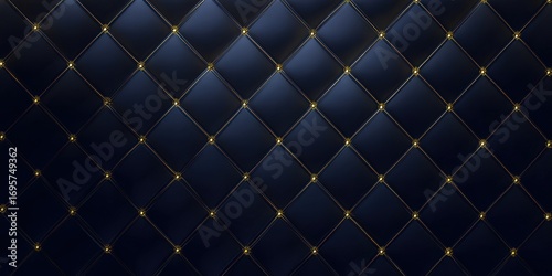 A close-up view of a navy blue quilted leather texture with golden accents creates an elegant background.