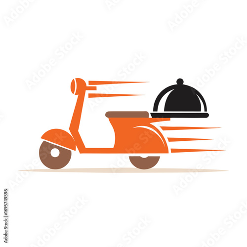 Orange Motor Scooter with Food Cloche Cover on White Background