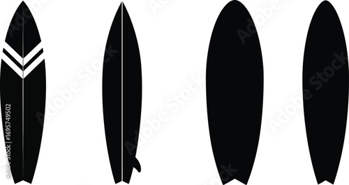 surfboards lined up showing different designs and styles